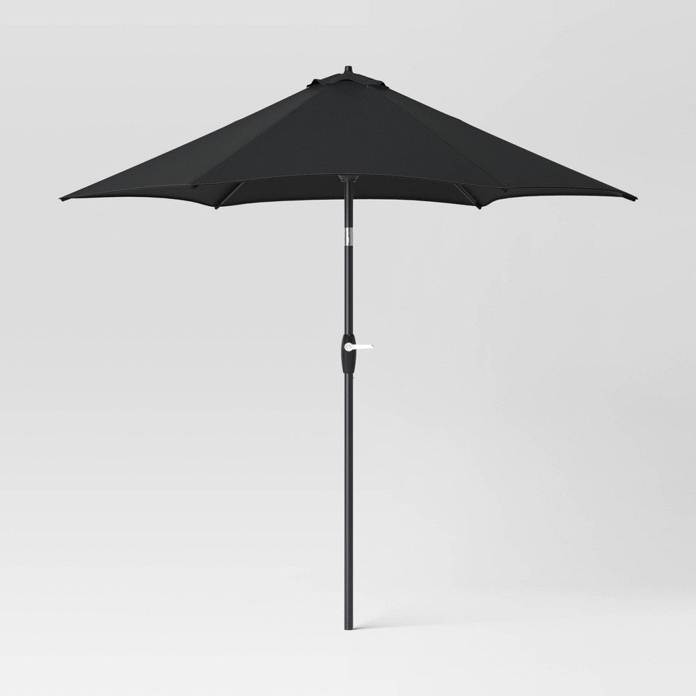 9' Round Outdoor Patio Market Umbrella Black with Black Pole - Room Essentials: Fade-Resistant, Crank Lift, Push-Button Tilt - Bellso